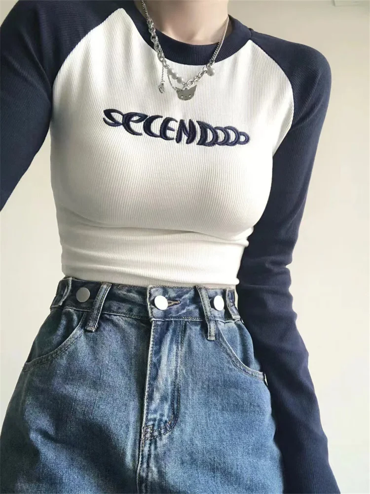 Letter Print Women T-Shirt Spring Long Sleeve Patchwork Tops Fashion Retro Contrast Color Crop Top Hot Girl Skinny Y2K Tees