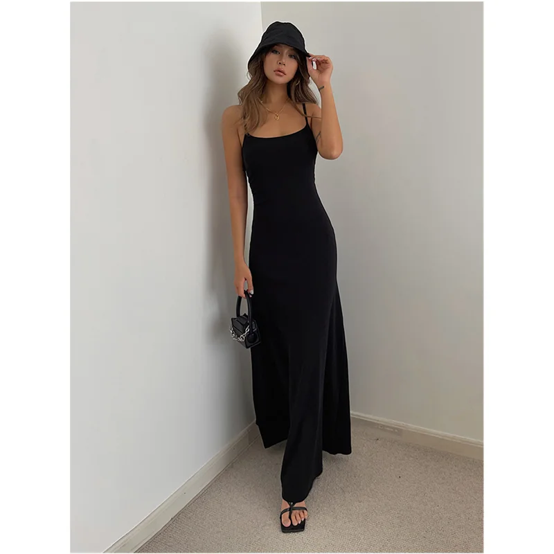 Sexy Womens Straps Dress Sleeveless Korean Fashion Summer Black Dress Grey Suspender Simple Temperament Longuette Skirt Dress - Image 5
