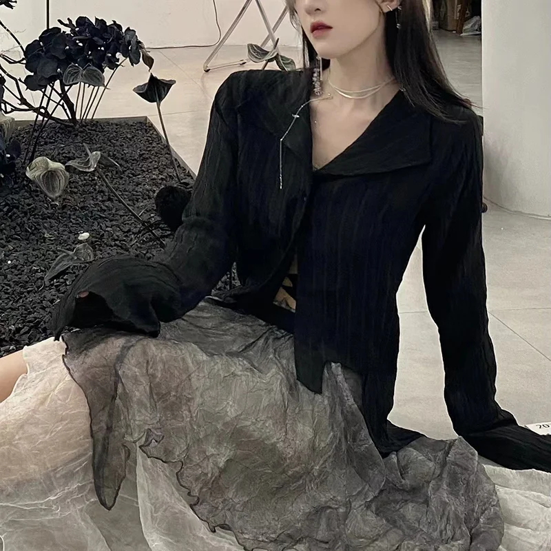 Women Black Shirts Gothic Korean Dark Academic Female Designed Irregular Tops Spring Fashion Streetwear Y2K Blouse - Image 5