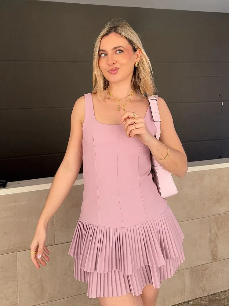 Women Fashion Square Collar Sleeveless Solid Mini Dress Female Summer Pleated Dress Chic High Street Slim Short Dress - Image 2