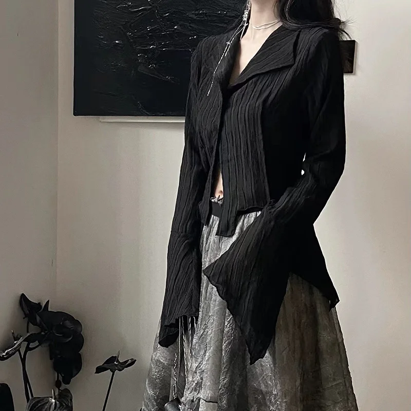 Women Black Shirts Gothic Korean Dark Academic Female Designed Irregular Tops Spring Fashion Streetwear Y2K Blouse - Image 2