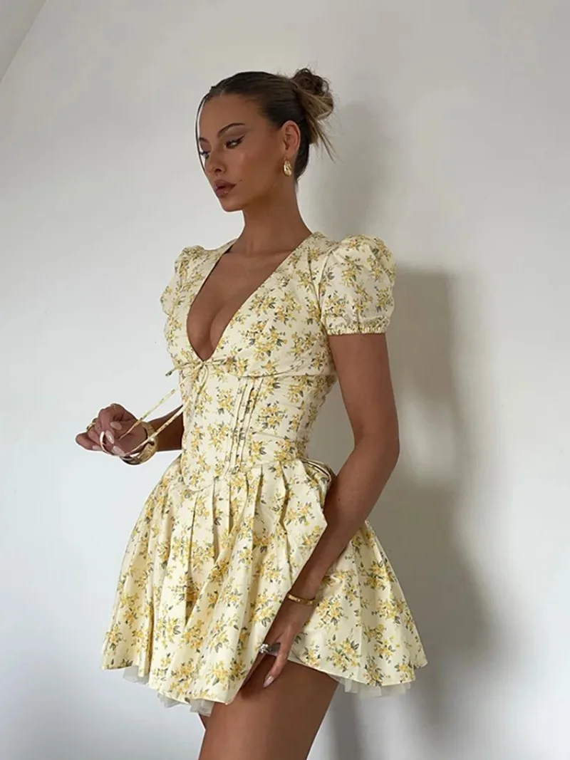 Sexy Deep V Neck Pleated Dress for Women Chic Print Short Puff Sleeve Mini Dresses 2024 Fashion Female Night Party Club Vestidos - Image 4