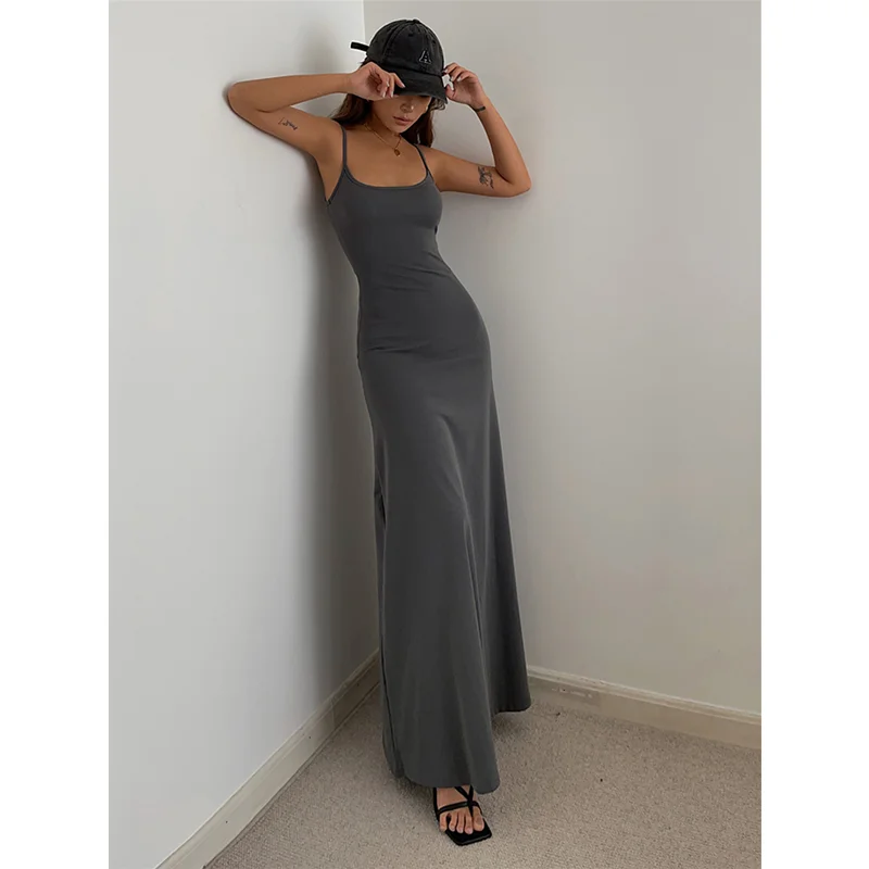 Sexy Womens Straps Dress Sleeveless Korean Fashion Summer Black Dress Grey Suspender Simple Temperament Longuette Skirt Dress - Image 3