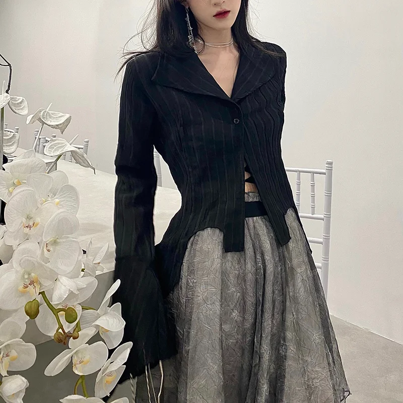 Women Black Shirts Gothic Korean Dark Academic Female Designed Irregular Tops Spring Fashion Streetwear Y2K Blouse - Image 3