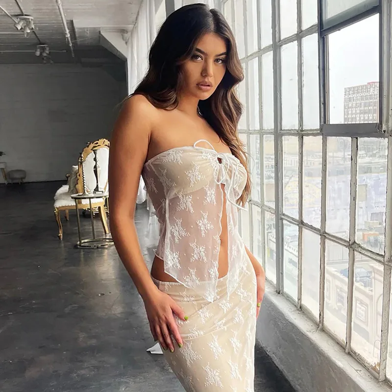 Lace See Through Sexy Dress Sets Women Strapless Backless Crop Top Maxi Skirt Matching 2-piece Sets Beach Outfits 2023 Summer - Image 6