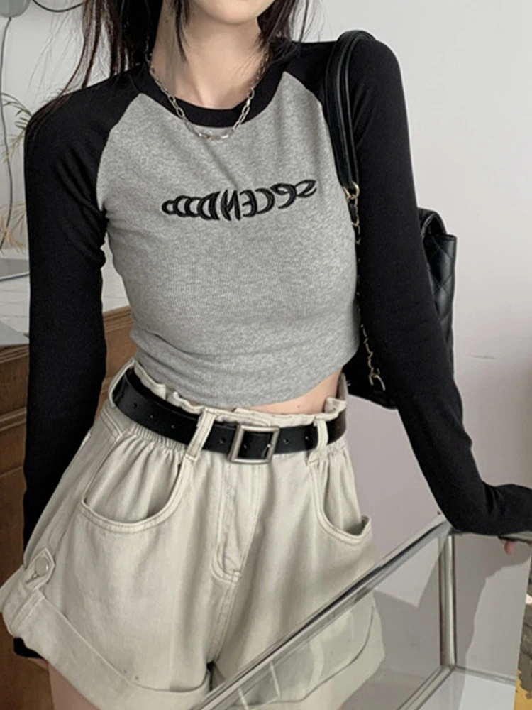 Letter Print Women T-Shirt Spring Long Sleeve Patchwork Tops Fashion Retro Contrast Color Crop Top Hot Girl Skinny Y2K Tees - Image 5